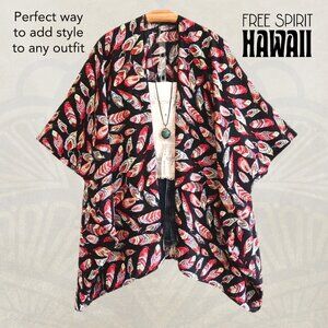 Boho Feathers Short Kimono | Black and Red | Boho Jacket | Cardigan | Bohemian